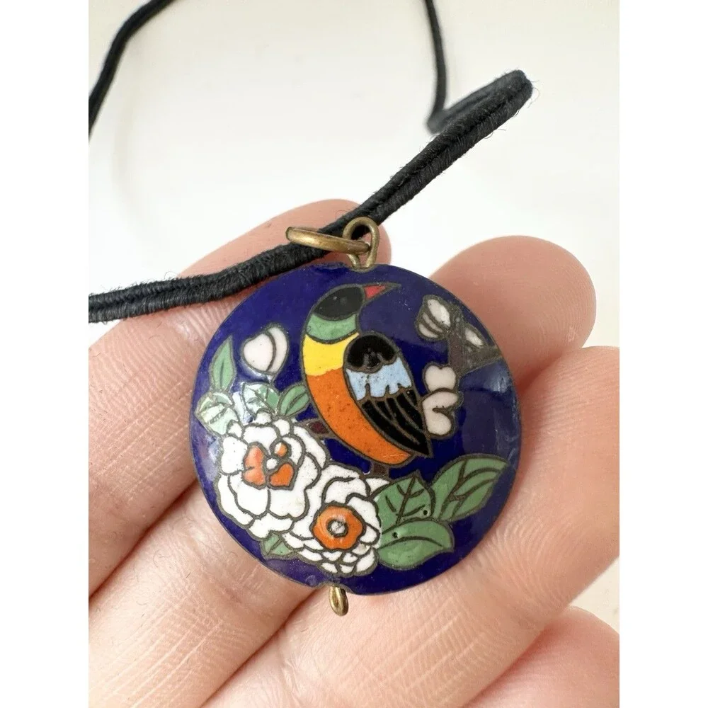 Vintage Double Sided Cloisonné Bird Flower Pendant Necklace 28”